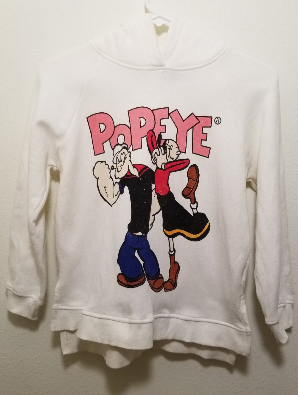 Vintage Zara & Popeye White 9 Graphic Pullover Hoodie with Pink Popeye Logo
